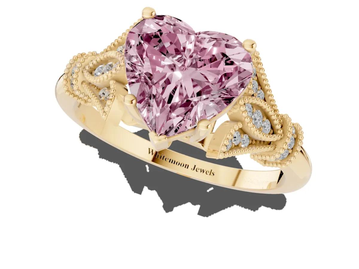 Fancy Pink Heart Cut Diamond Solitaire Ring with Floral Filigree and Pave Accents Yellow gold