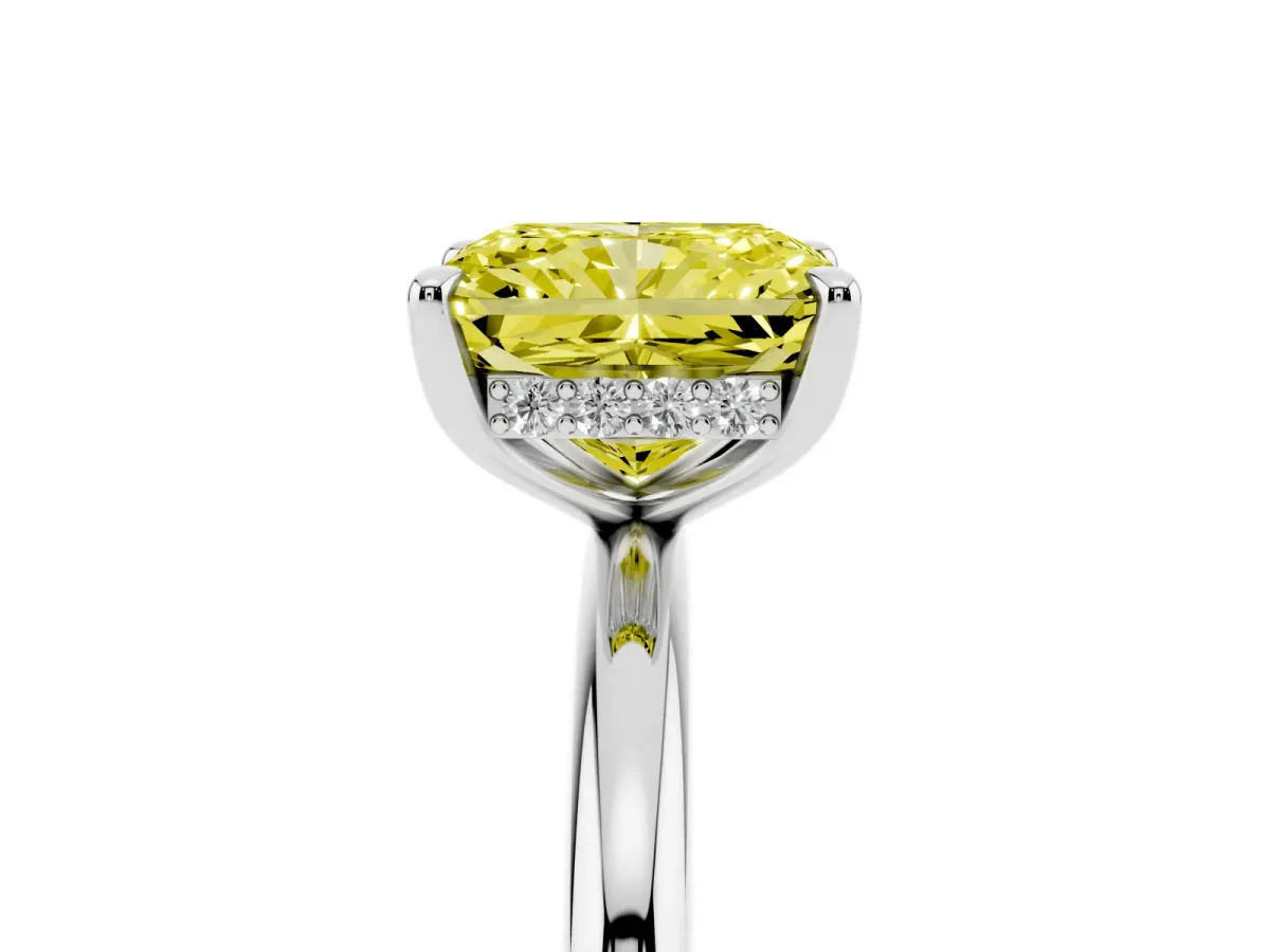 Fancy Yellow Radiant Cut Diamond Solitaire Ring with Thin Band and Four-Prong Setting Platinum