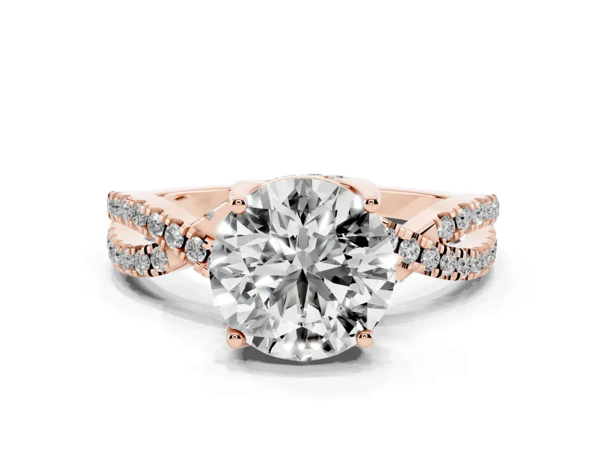 Round Cut Solitaire Twist Pave Diamond Engagement Ring with Prong Setting Rose gold