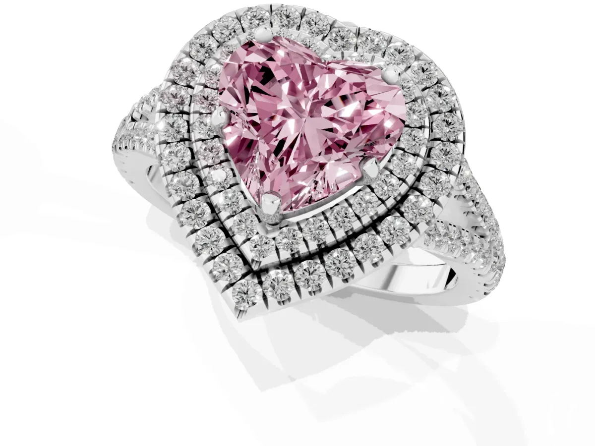 Fancy Pink Heart Cut Diamond Double Halo Ring with Pavé Band and Prong Setting Silver