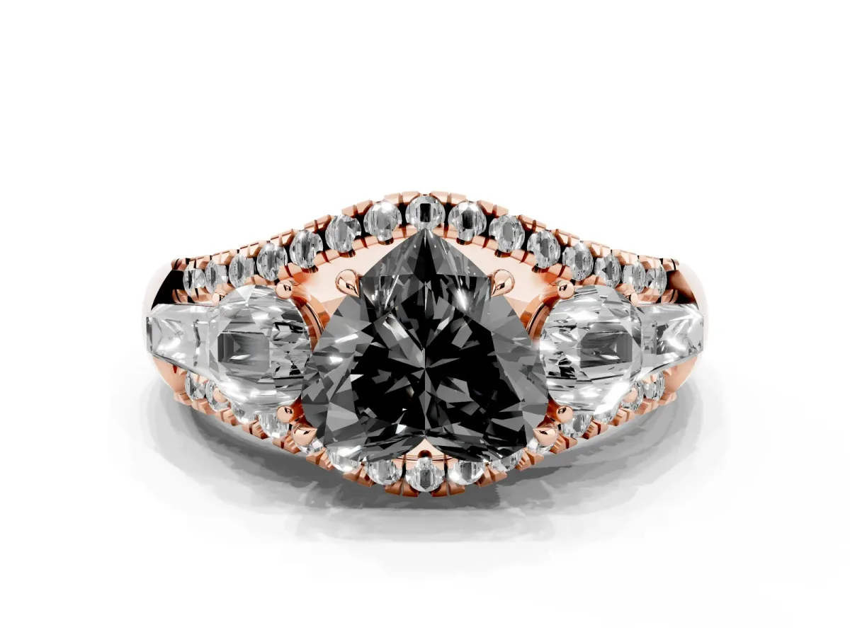 Fancy Black Three-Stone Heart Cut Diamond Engagement Ring with Pave Band and Prong Setting Rose gold