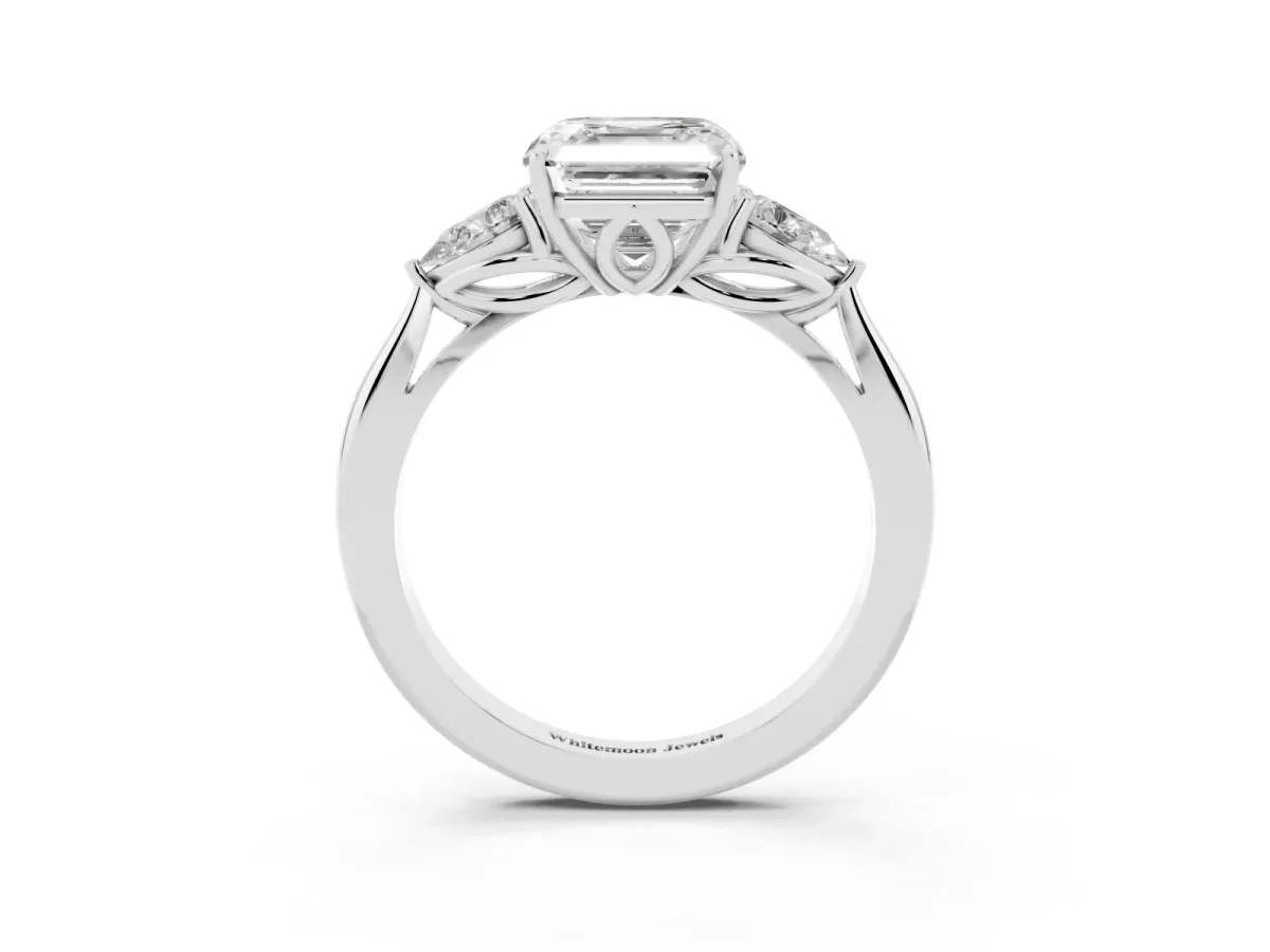 Asscher Cut Diamond Three-Stone Ring with Pear Side Stones and Prong Setting Platinum
