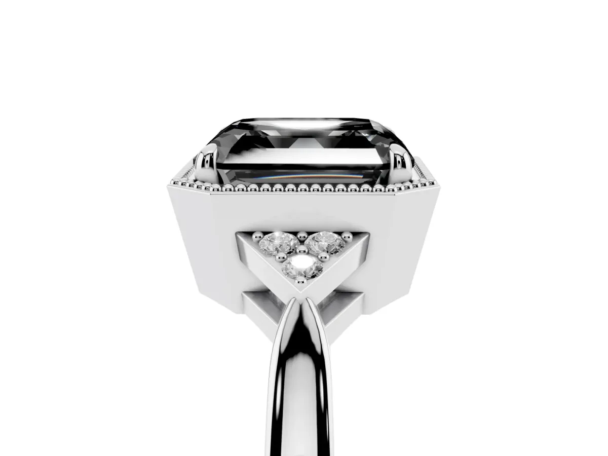 Fancy Black Hexagonal Halo Asscher Cut Diamond Solitaire with Pavé Band and Four-Prong Setting Silver