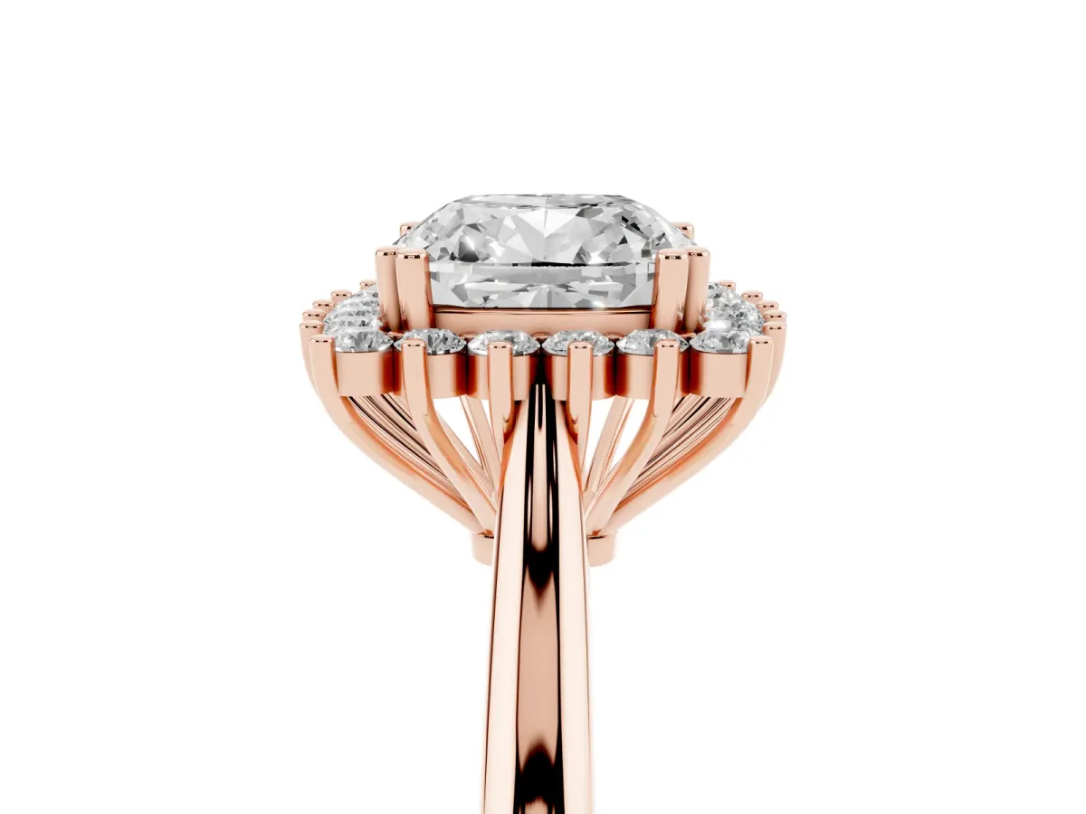 Cushion Cut Cut Diamond Halo Ring with Solitaire Band and Prong Setting Rose gold