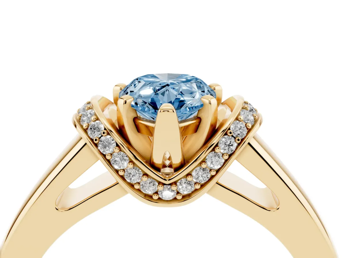 Fancy Blue Pear Cut Solitaire Diamond Ring with Pave Band and Six-Prong Setting Yellow gold