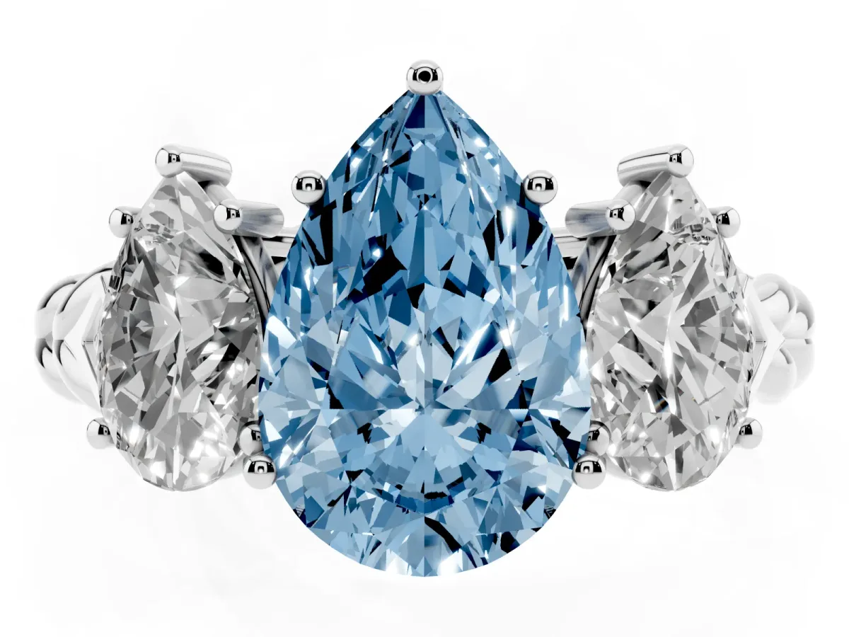 Fancy Blue Three-Stone Pear Cut Diamond Braided Band Ring with Four-Prong Setting Platinum