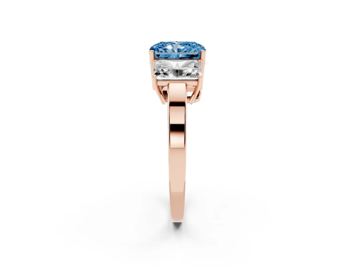 Fancy Blue Three-Stone Radiant Cut Cut Diamond Engagement Ring with Flat Band and Four-Prong Setting Rose gold