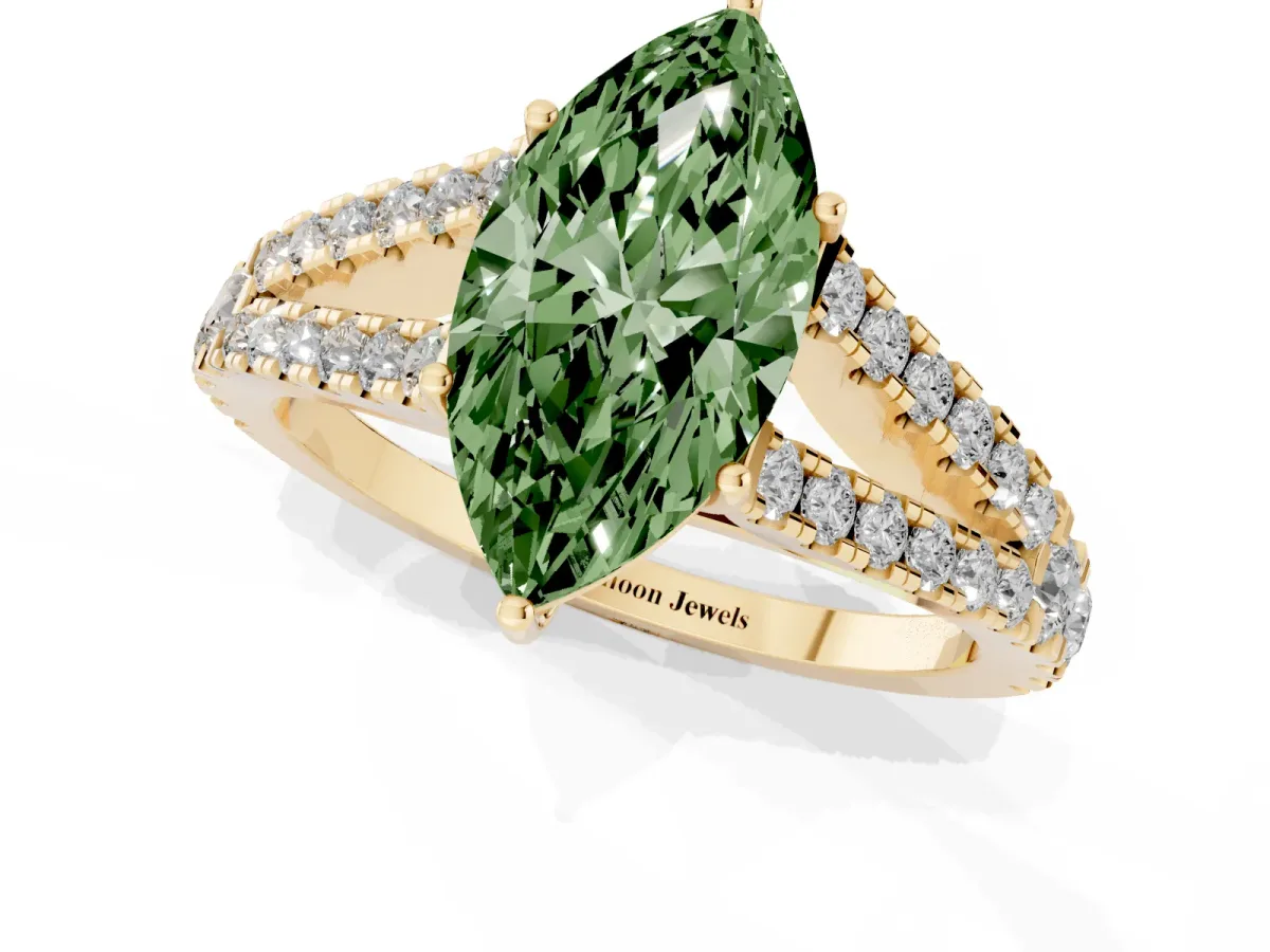 Fancy Green Marquise Cut Diamond Split Shank Pavé Engagement Ring with Four-Prong Setting Yellow gold
