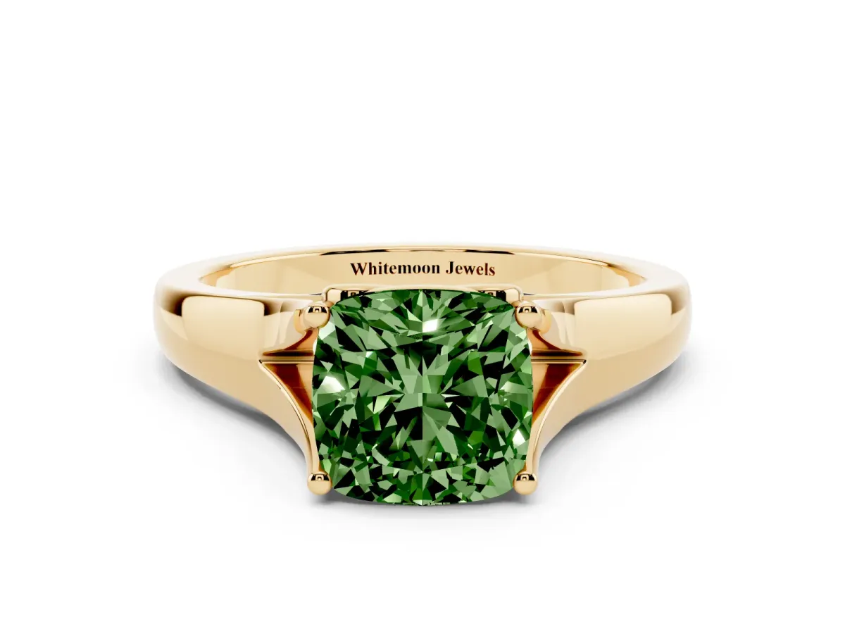 Fancy Green Cushion Cut Solitaire Diamond Ring with Cathedral Band and Four-Prong Setting Yellow gold