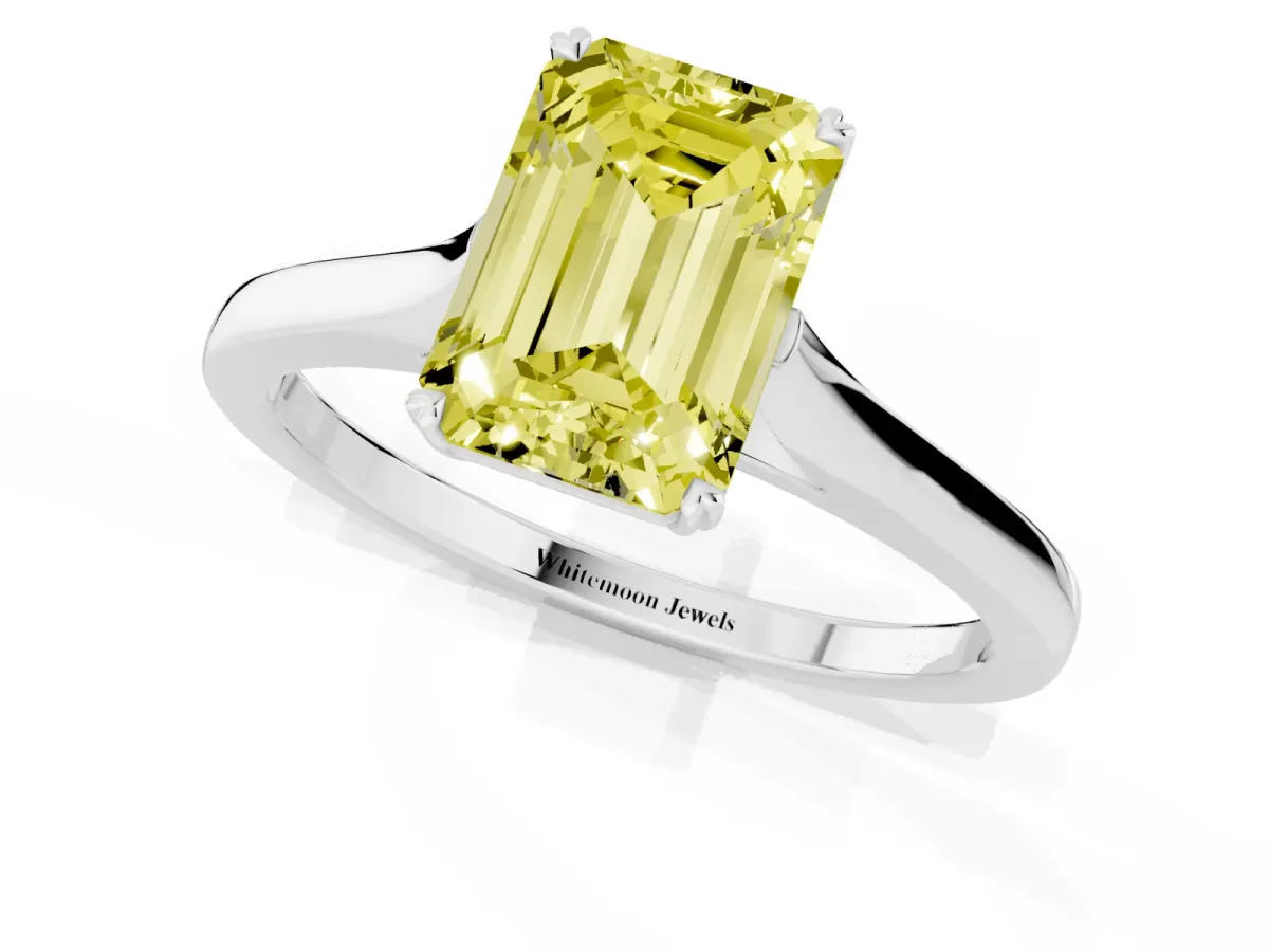 Fancy Yellow Emerald Cut Solitaire Heart Prong Engagement Ring with Tapered Band White gold