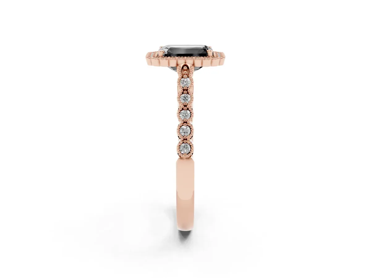 Fancy Black Emerald Cut Cut Halo Pavé Solitaire Ring with Milgrain Band Rose gold