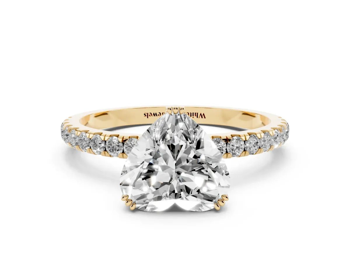 Heart Cut Brilliant Solitaire with Pavé Band and Claw Prong Setting Yellow gold