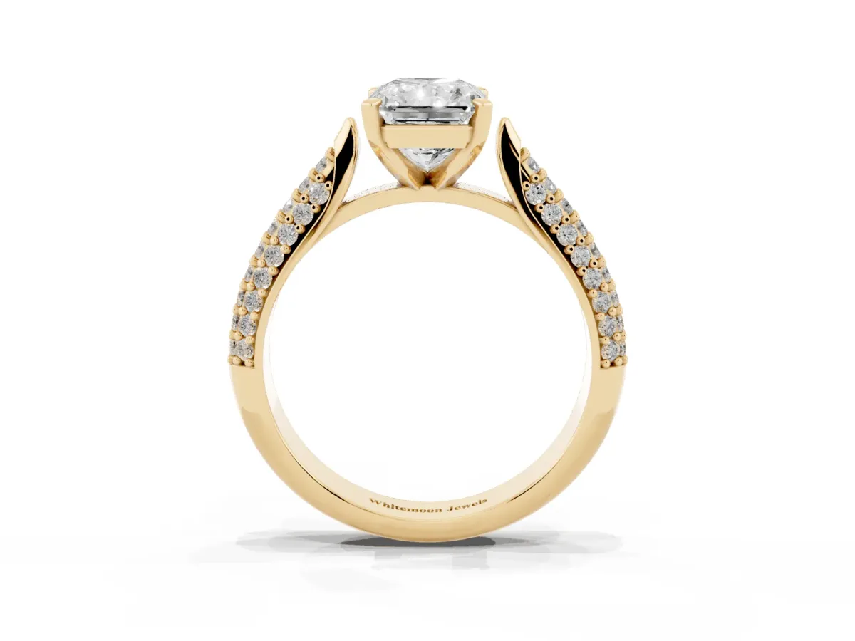 Radiant Cut Diamond Solitaire Engagement Ring with Multi-Row Round Pavé Band and Prong Setting Yellow gold