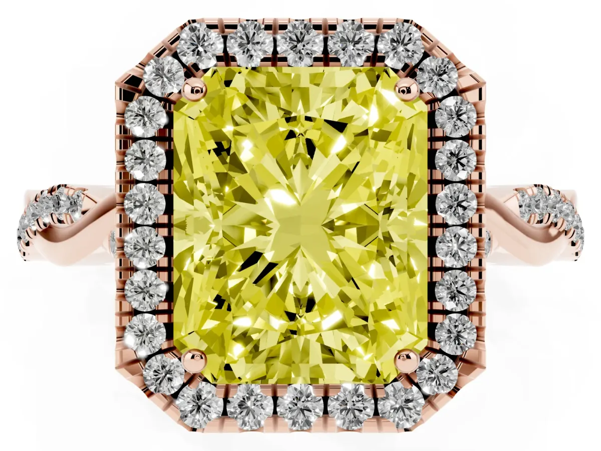 Fancy Yellow Radiant Cut Halo Twist Band Solitaire Ring Rose gold