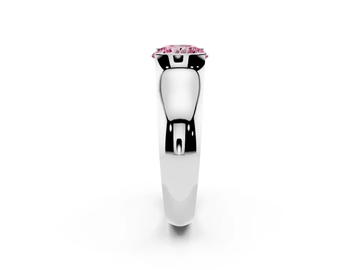 Fancy Pink Round Cut Solitaire Bezel Set Diamond Ring with Wide Band Silver