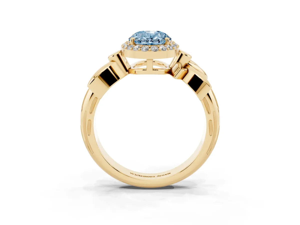 Fancy Blue Oval Cut Halo Diamond Floral Band with Four-Prong Setting Yellow gold