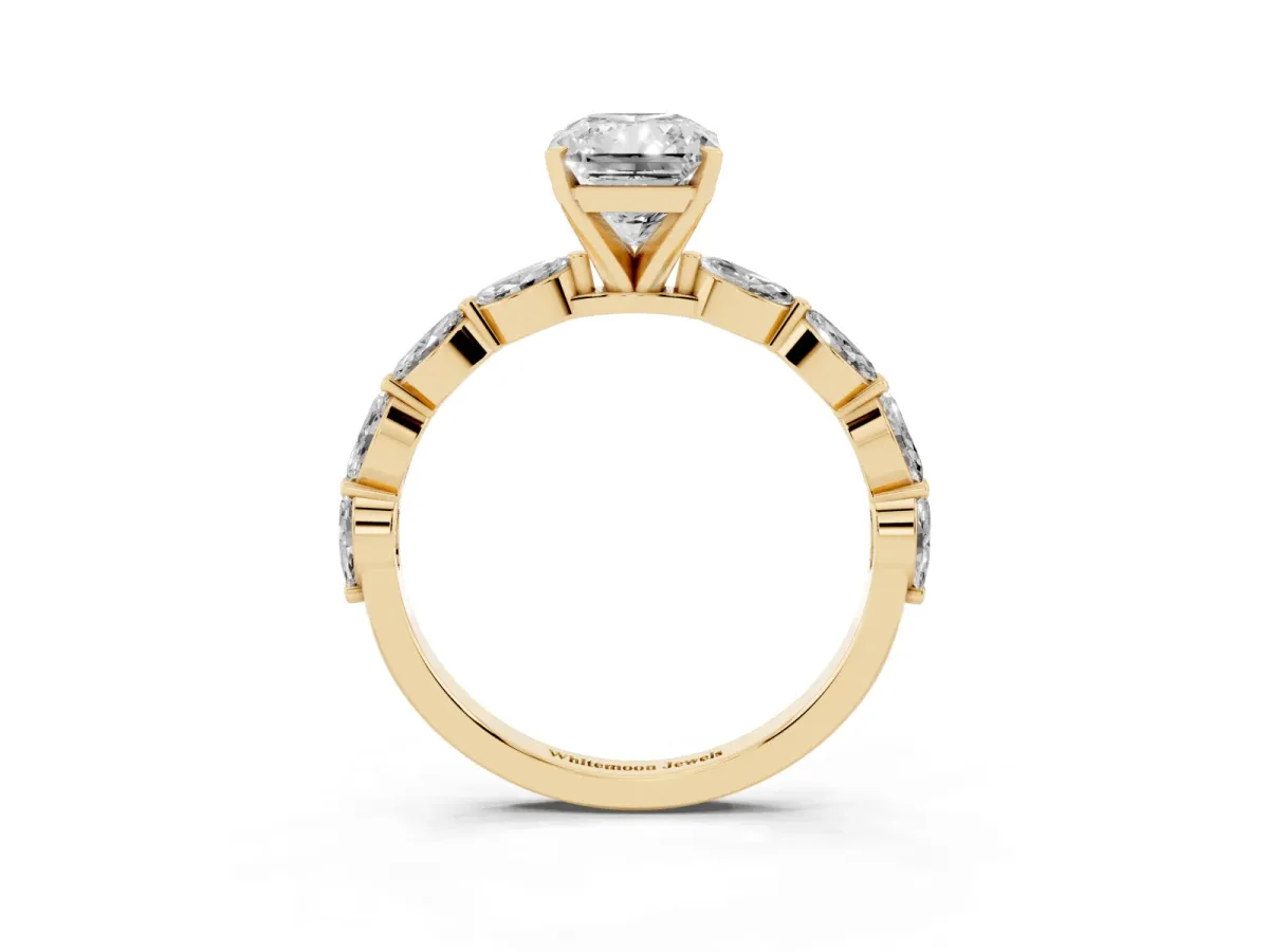 Radiant Cut Diamond Ring with Marquise Side Stones and Prong Setting Yellow gold