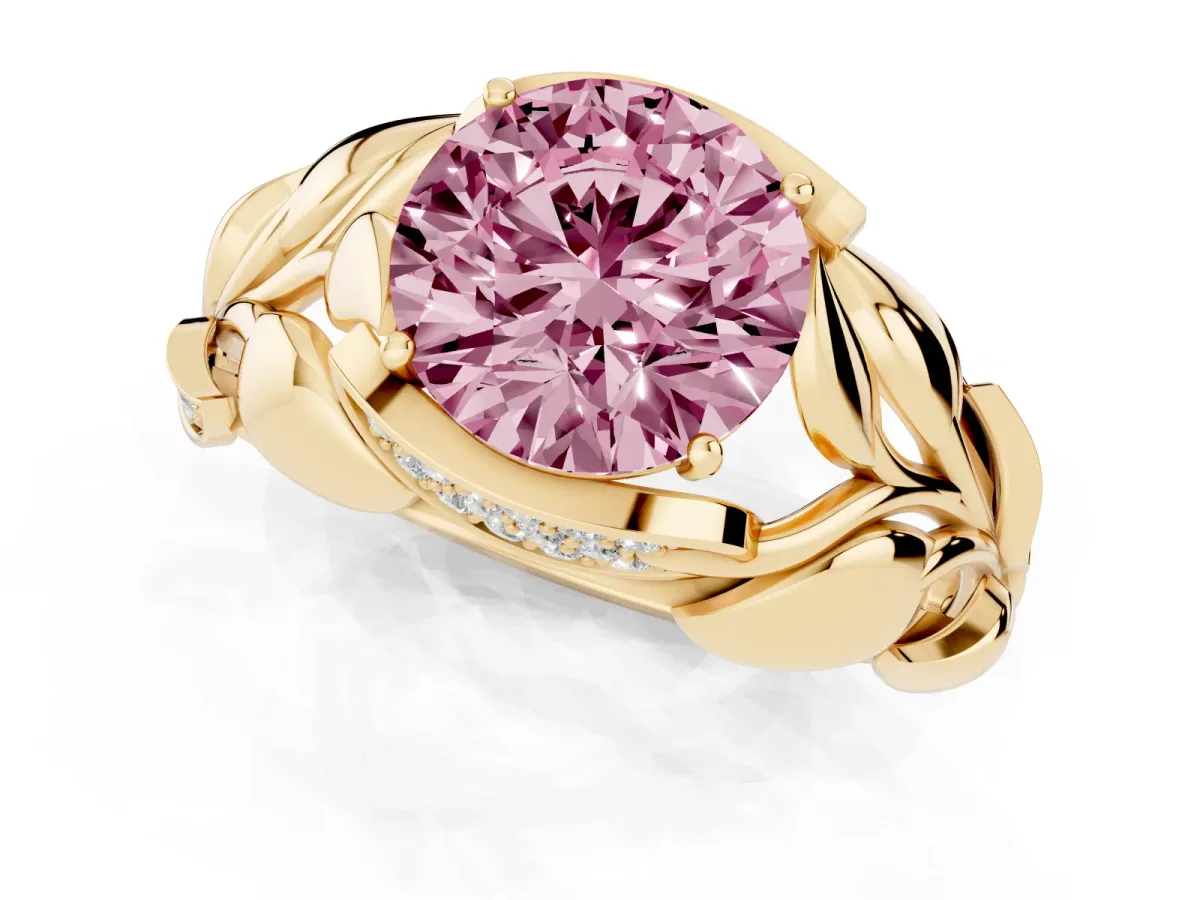 Fancy Pink Round Cut Diamond Leaf-Inspired Engagement Ring with Round Accents and Prong Setting Yellow gold