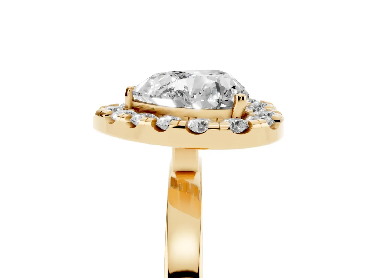 Heart Cut Halo Diamond Solitaire with Pavé Band and Four-Prong Setting Yellow gold