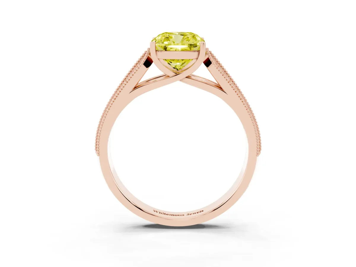 Fancy Yellow Cushion Cut Cut Pave Split Shank Engagement Ring with Four-Prong Setting Rose gold