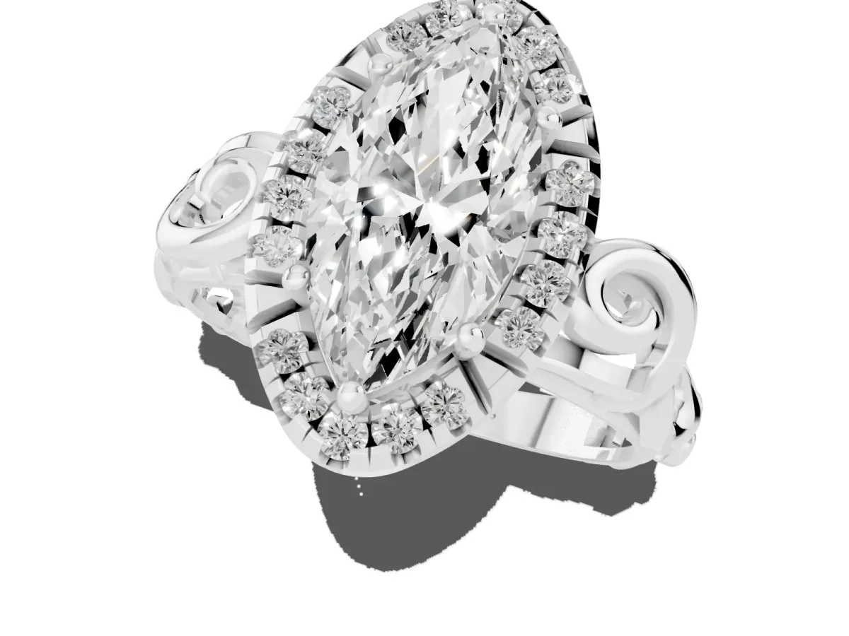 Marquise Cut Cut Halo Diamond Ring with Scrollwork Band and Four-Prong Setting Silver