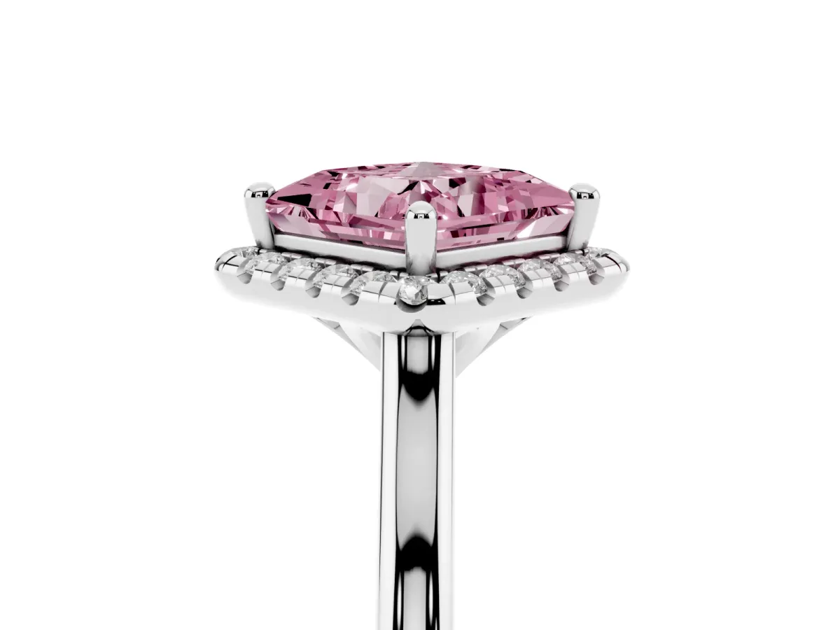 Fancy Pink Princess Cut Halo Round Diamond Solitaire Engagement Ring with Pave Band and Four-Prong Setting Platinum