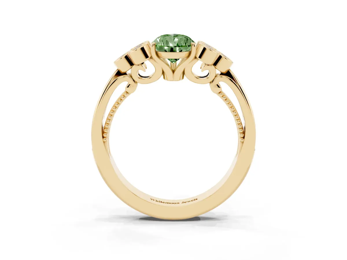 Fancy Green Pear Cut Cut Diamond Engagement Ring with Bezel Set Round Side Stones and Prong Setting Yellow gold