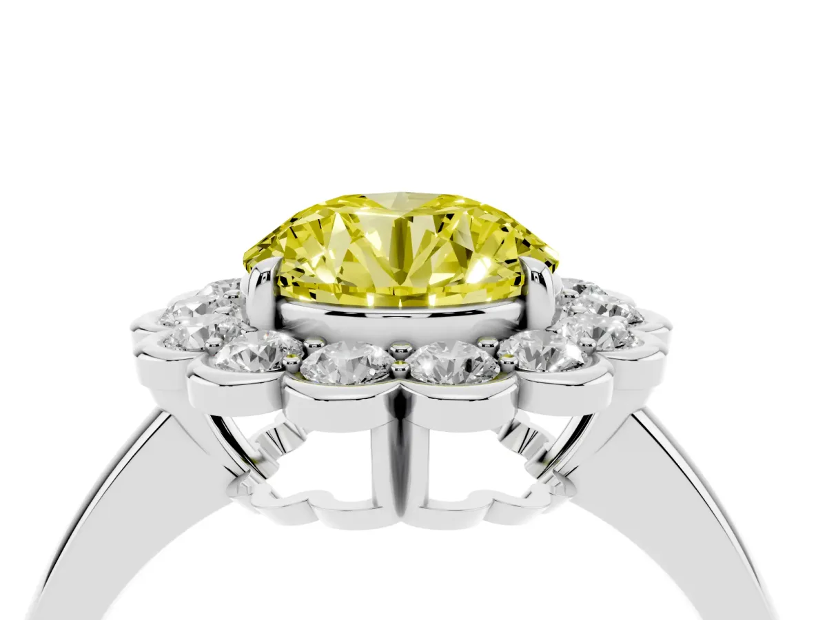 Fancy Yellow Round Cut Halo Cluster Diamond Engagement Ring with Solitaire Band and Prong Setting Platinum