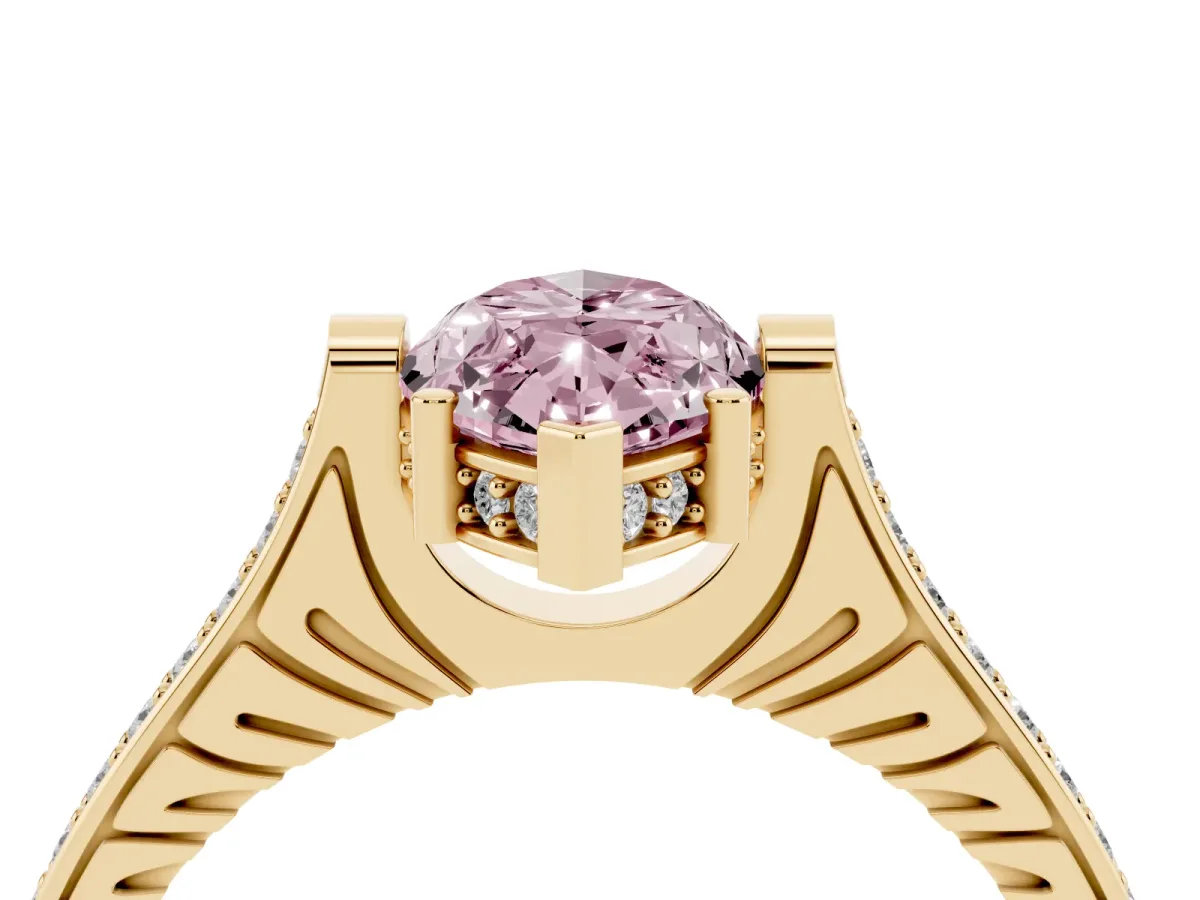 Fancy Pink Marquise Cut Solitaire Diamond Ring with Channel Set Band and Bezel Prong Setting Yellow gold