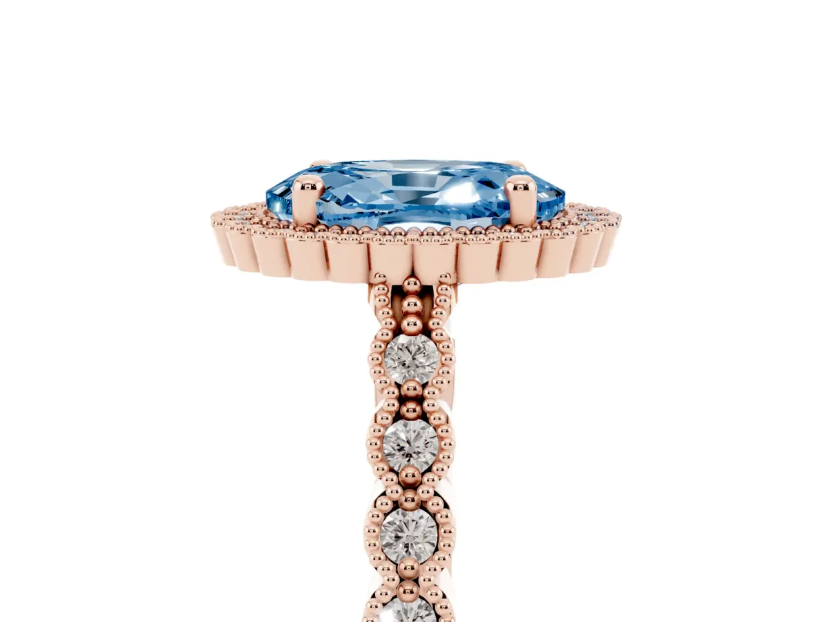 Fancy Blue Oval Cut Cut Halo Pavé Solitaire Ring with Milgrain Band Rose gold