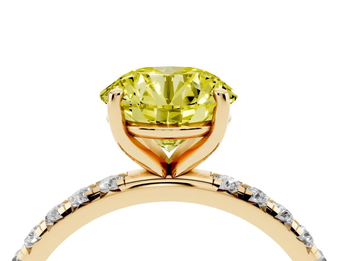 Fancy Yellow Round Cut Cut Diamond Solitaire Ring with Micro Pave Band and Four Prong Setting Yellow gold