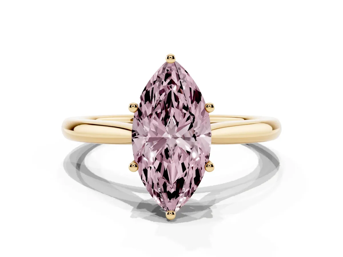 Fancy Pink Marquise Cut Cut Solitaire Ring with Cathedral Band and Four-Prong Setting Yellow gold