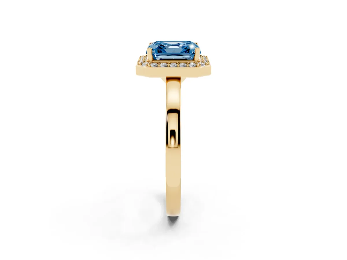 Fancy Blue Asscher Cut Halo Diamond Ring with Solitaire Band and Prong Setting Yellow gold
