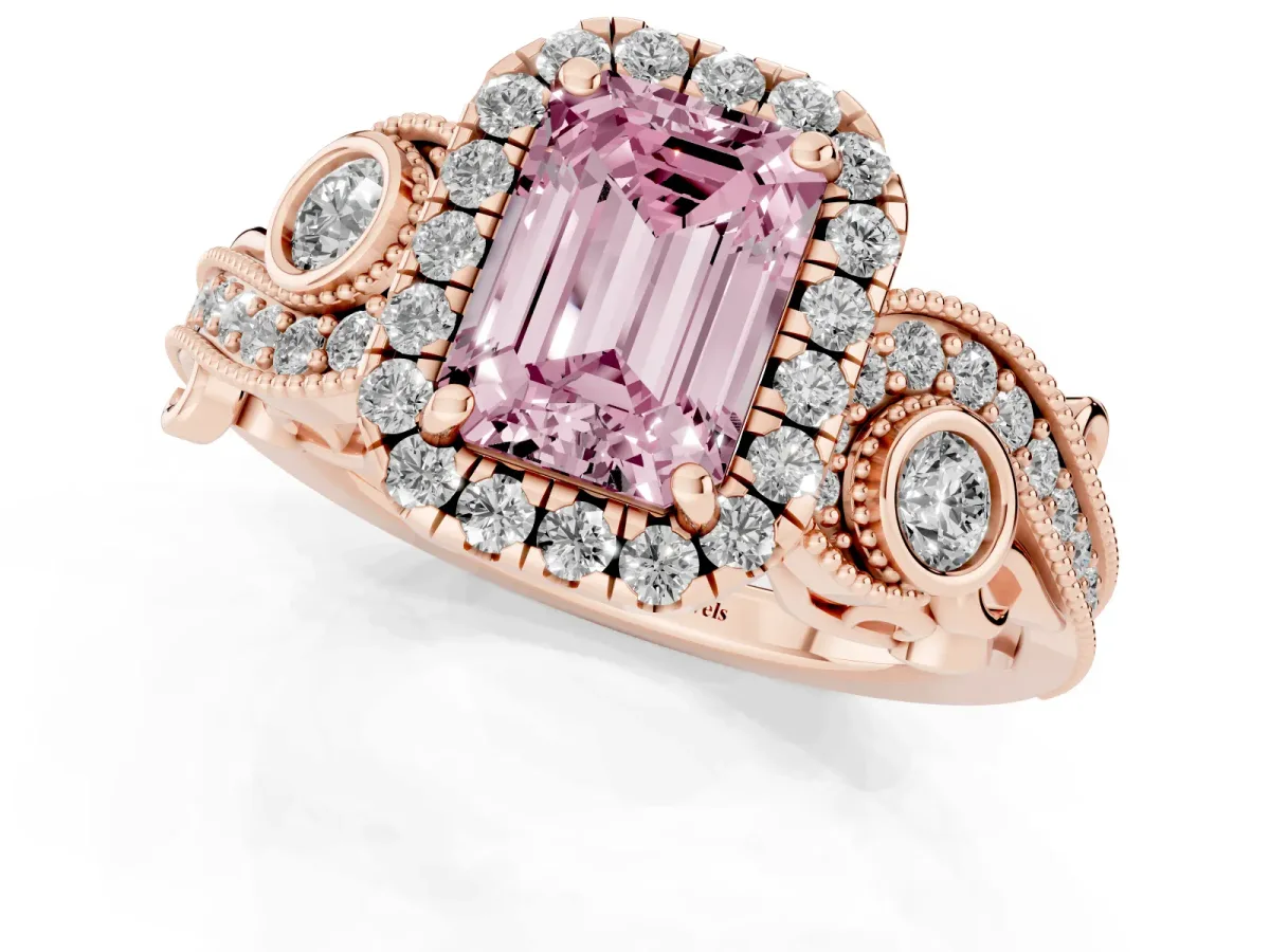 Fancy Pink Emerald Cut Diamond Halo Ring with Milgrain Pavé Band and Four-Prong Setting Rose gold