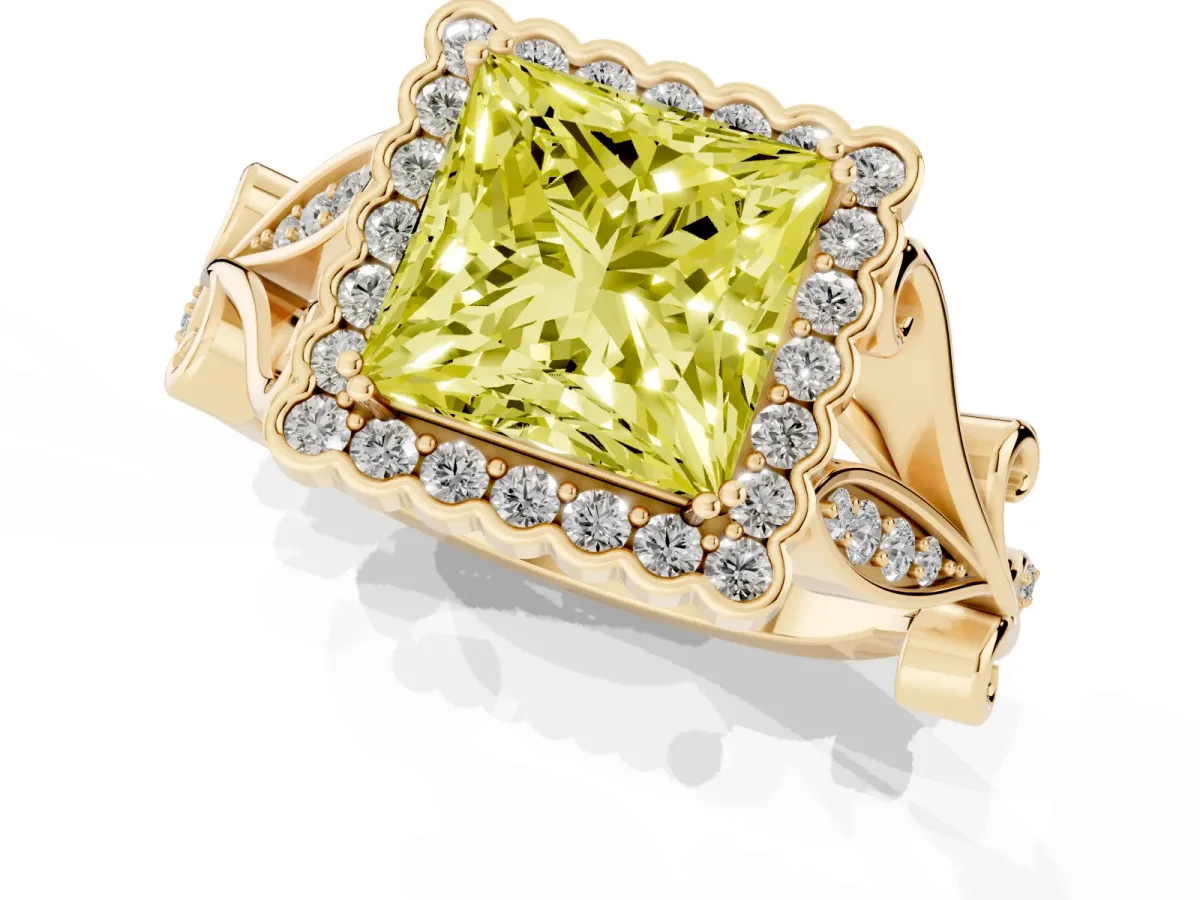 Fancy Yellow Princess Cut Diamond Halo Ring with Vintage Split Shank and Four-Prong Setting Yellow gold