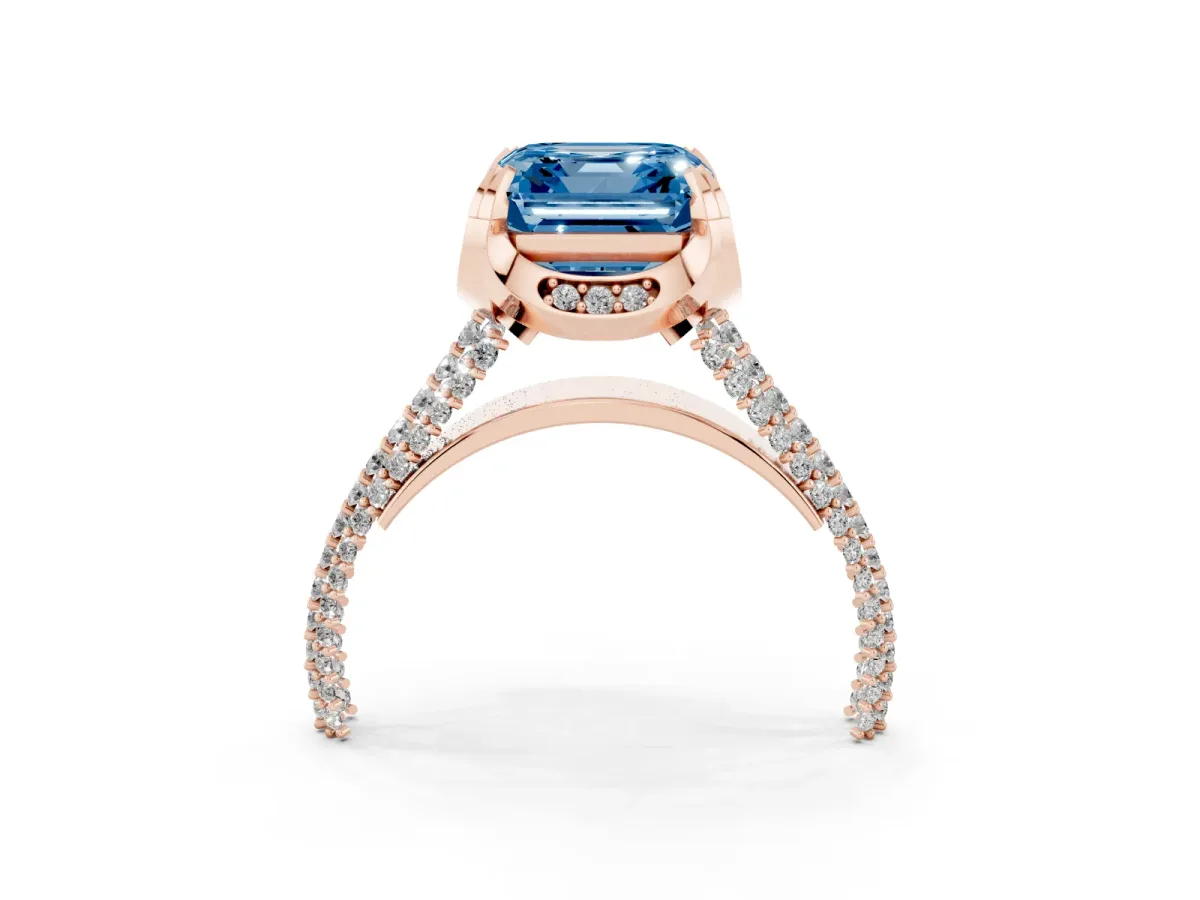 Fancy Blue Asscher Cut Solitaire Pave Split Shank Ring with Four-Prong Setting Rose gold