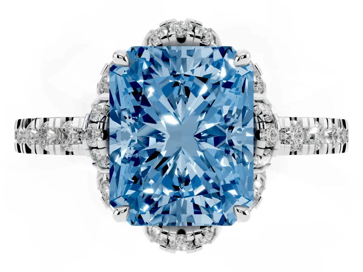 Fancy Blue Radiant Cut Diamond Halo Pave Band with Four-Prong Setting Silver