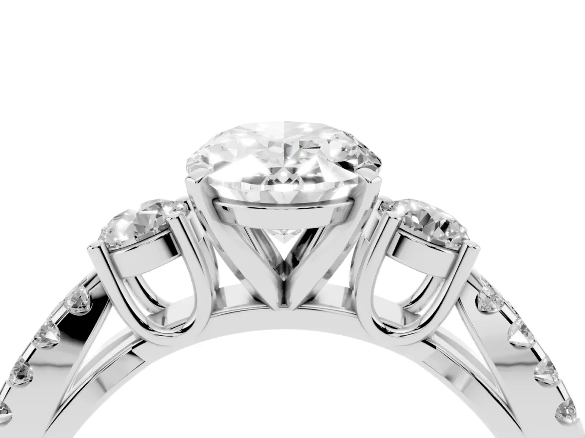 Oval Cut Diamond Three-Stone Ring with Pavé Split Shank and Four-Prong Setting Platinum