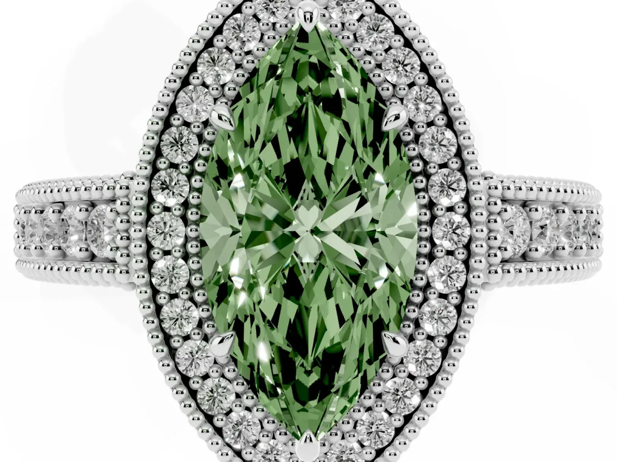 Fancy Green Marquise Cut Cut Halo Diamond Ring with Pavé Band and Four-Prong Setting Platinum
