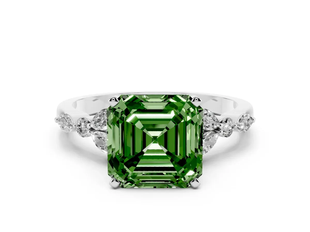 Fancy Green Asscher Cut Diamond Solitaire Ring with Side Stones and Four-Prong Setting Silver