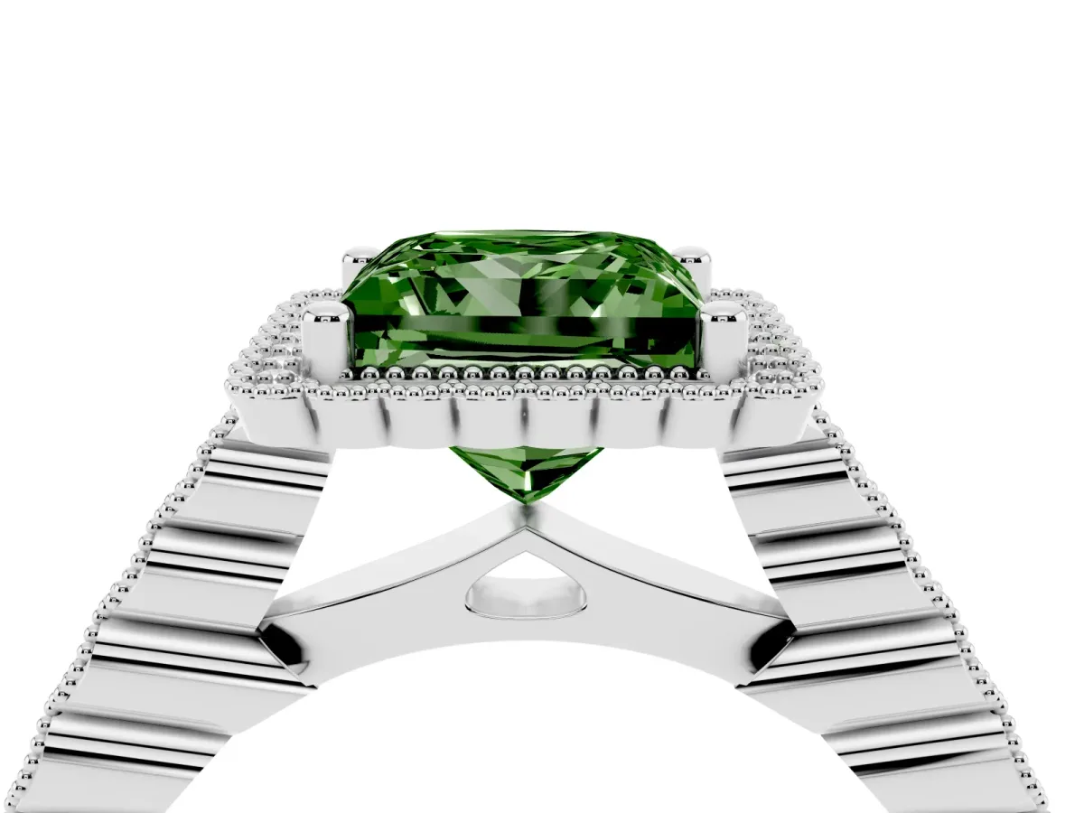 Fancy Green Princess Cut Cut Halo Pavé Solitaire Ring with Milgrain Band Platinum