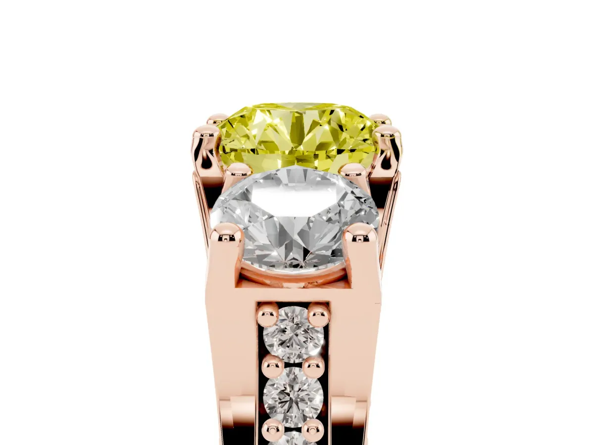 Fancy Yellow Round Cut Diamond Three-Stone Ring with Channel Set Band and Four-Prong Setting Rose gold