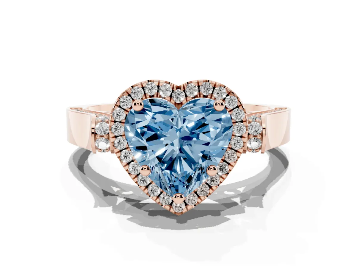 Fancy Blue Heart Cut Halo Round Diamond Twist Band with Four-Prong Setting Rose gold