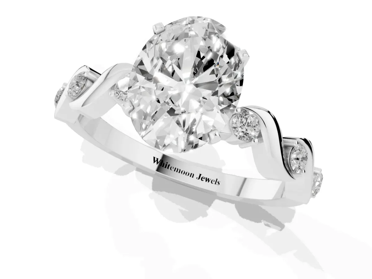 Oval Cut Diamond Solitaire Twisted Band with Round Accents and Prong Setting Silver