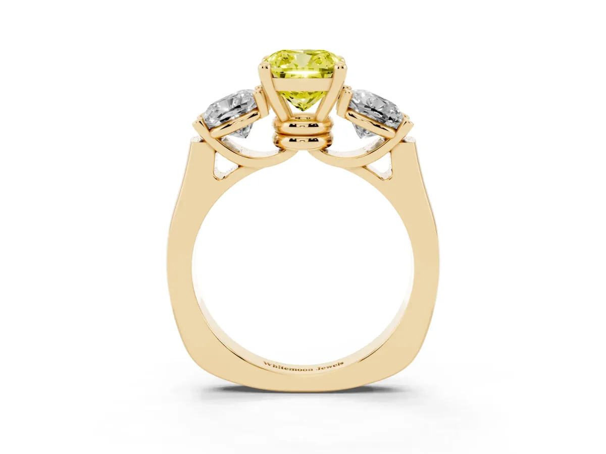 Fancy Yellow Three-Stone Cushion Cut Brilliant Diamond Trellis Ring with Comfort Fit Band Yellow gold