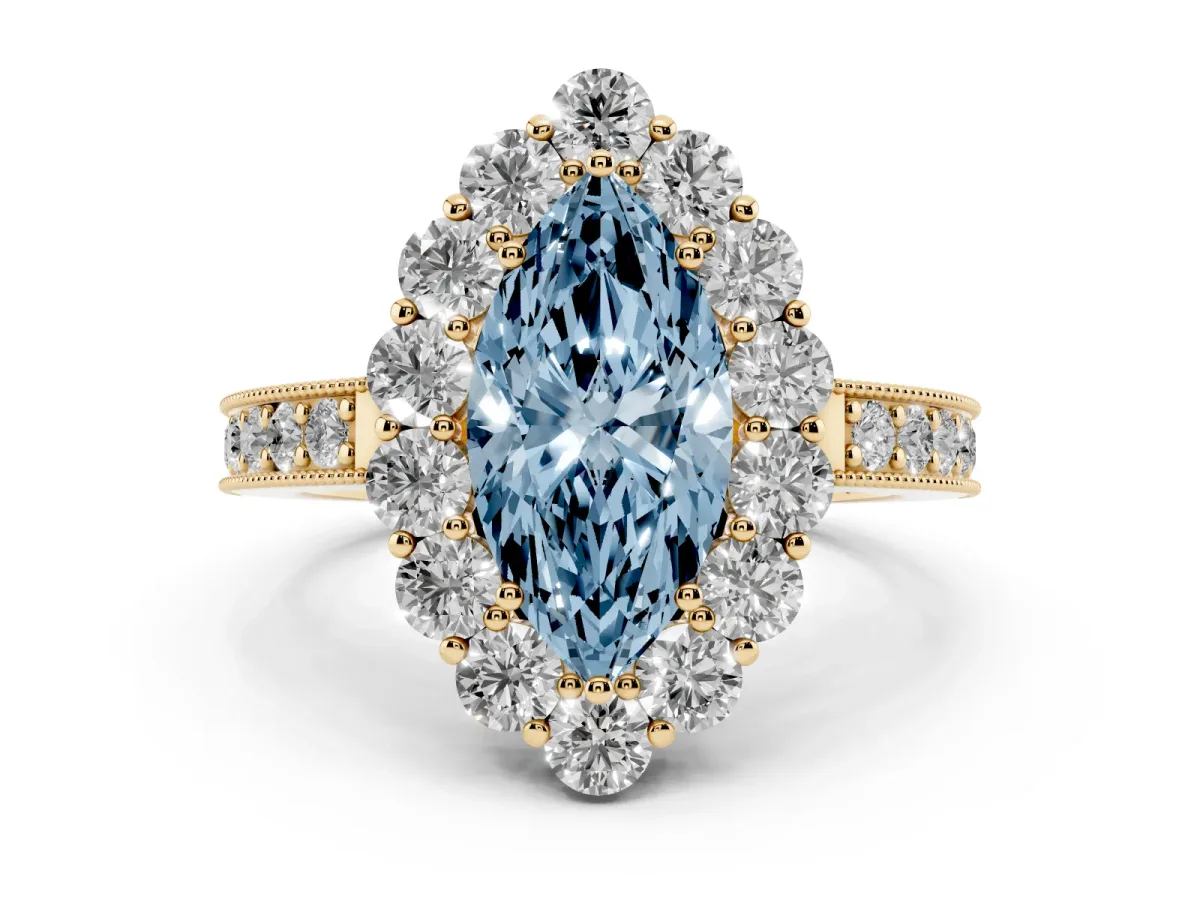Fancy Blue Marquise Cut Cut Halo Diamond Pavé Engagement Ring with Milgrain Detailing Yellow gold
