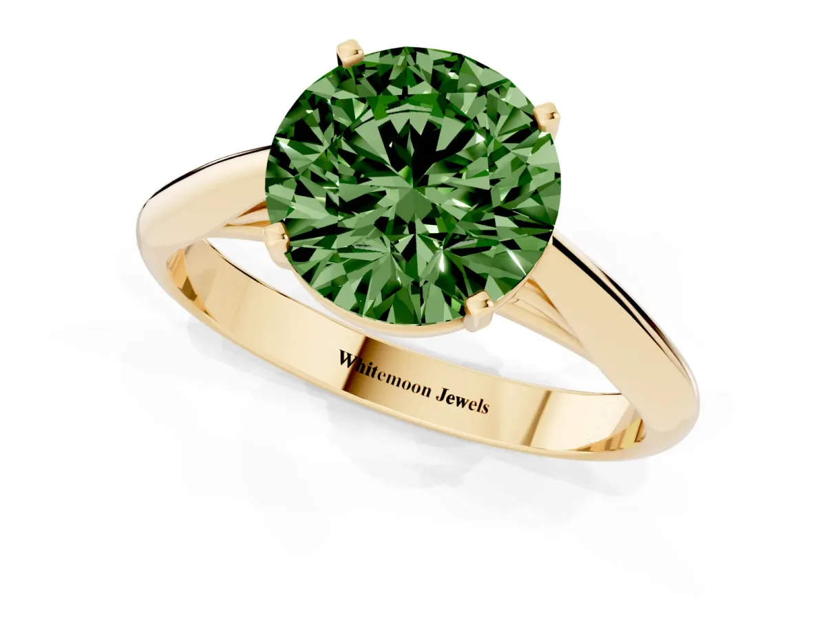 Fancy Green Round Cut Diamond Solitaire Engagement Ring with Cathedral Setting and Four-Prong Mount Yellow gold