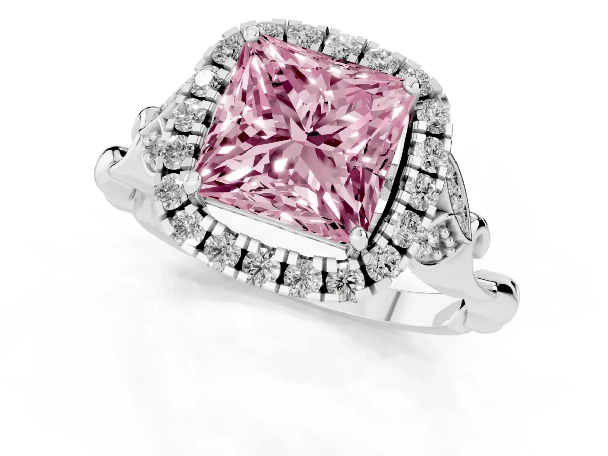 Fancy Pink Princess Cut Halo Diamond Engagement Ring with Vintage-Inspired Band and Four-Prong Setting Silver