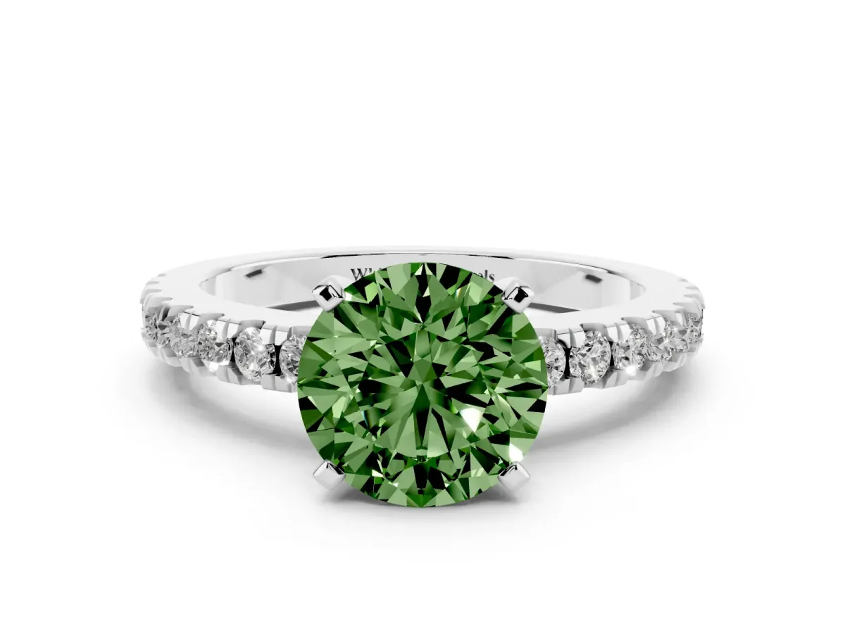 Fancy Green Round Cut Solitaire Diamond with Pavé Band and Four-Prong Setting White gold