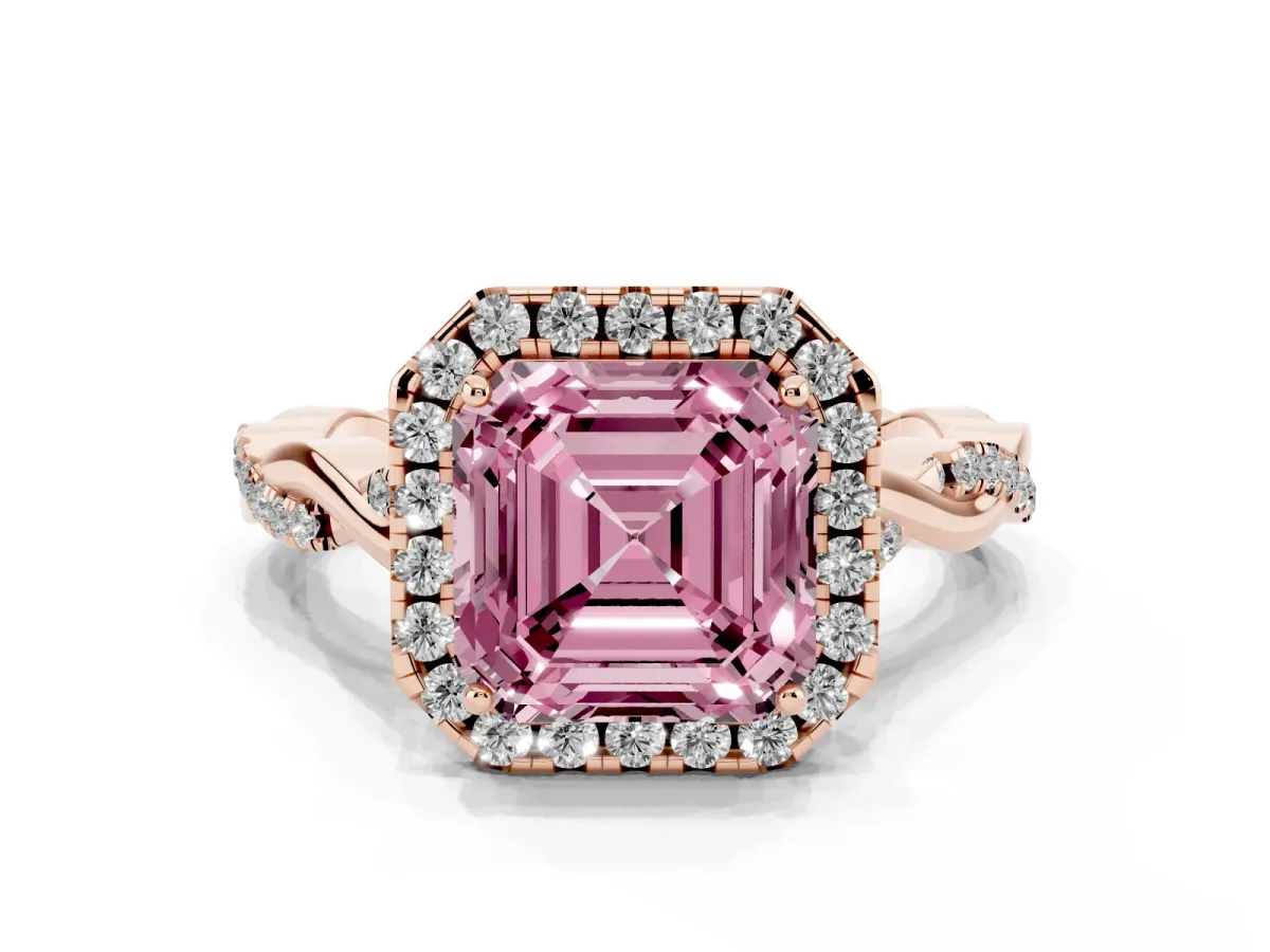 Fancy Pink Asscher Cut Halo Twist Band Solitaire Ring Rose gold